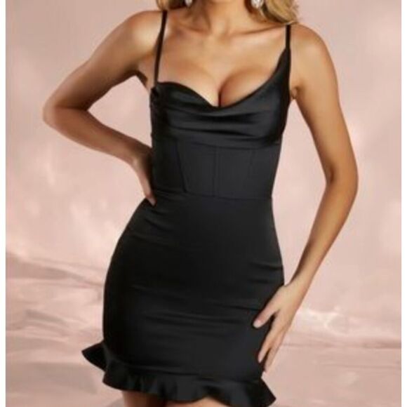 Oh Polly Dresses & Skirts - Oh Polly Black Satin Draped Pleated Hemline Corset Dress Size 2